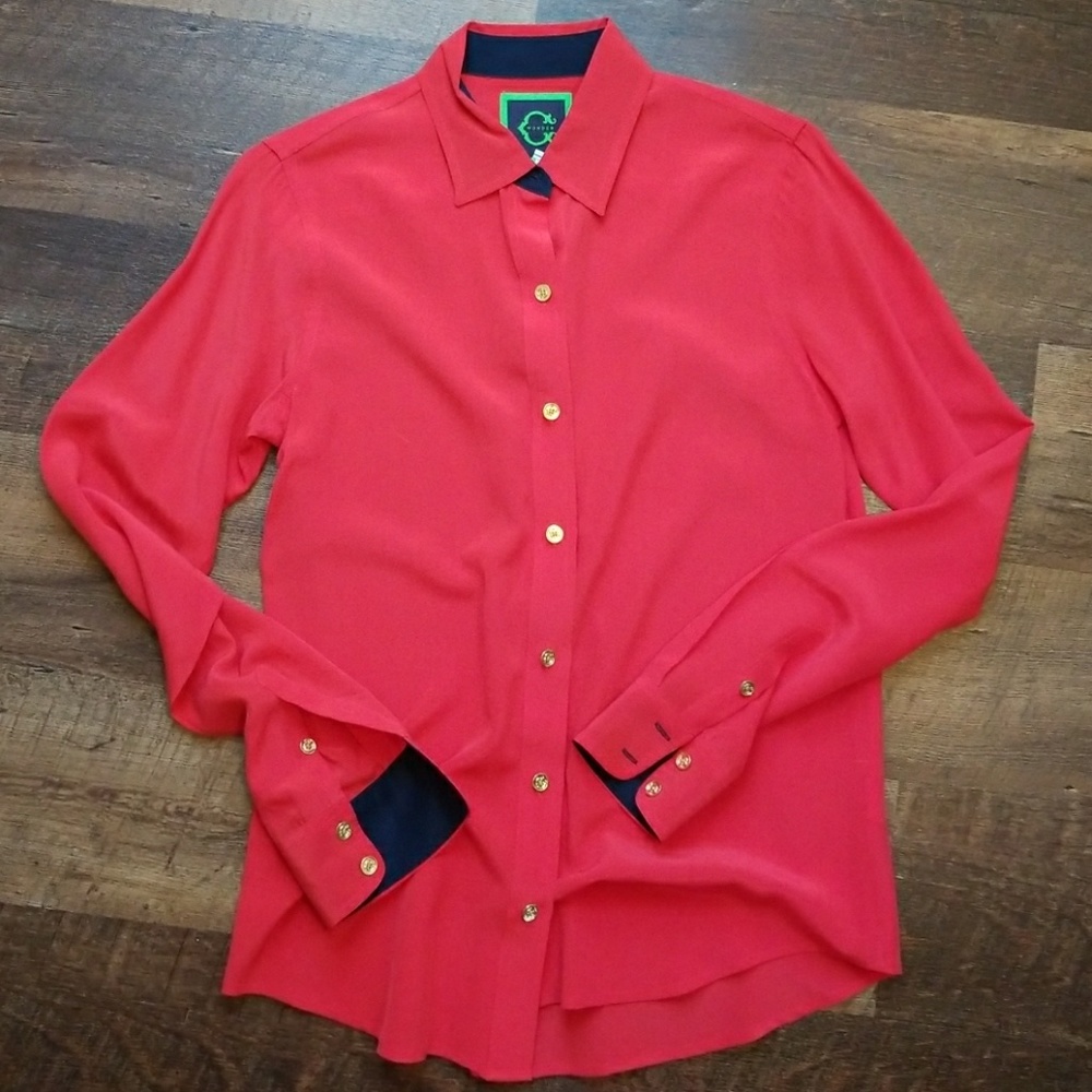 C Wonder Red Button Down Silk Blouse